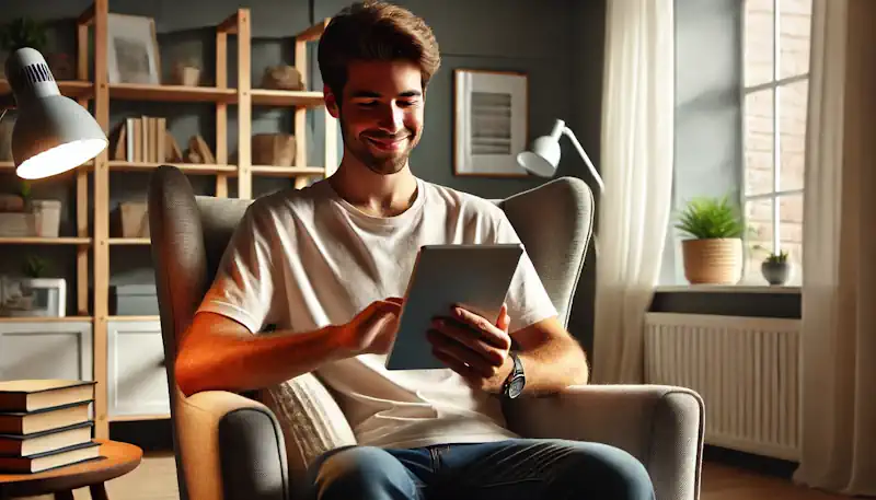 A Man Happily Reading Updated Content